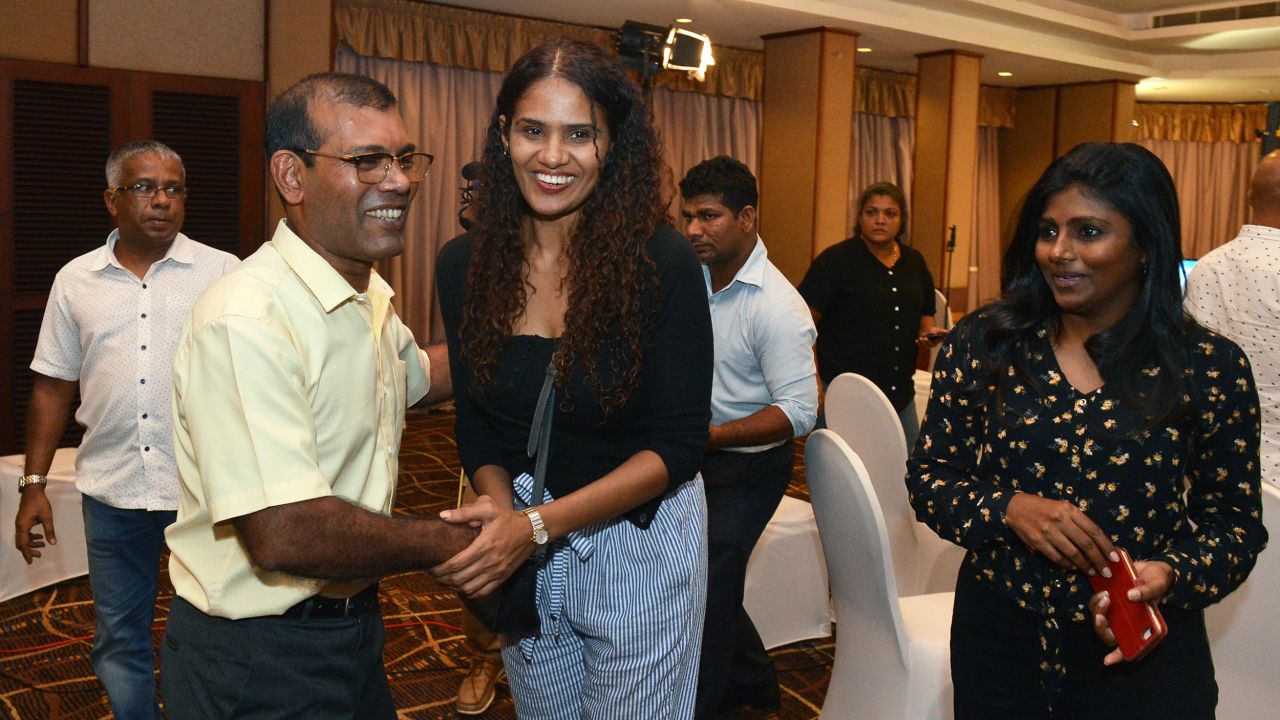 Former president of the Maldives Mohamed Nasheed is congratulated by Solih's supporters at a hotel in Colombo.