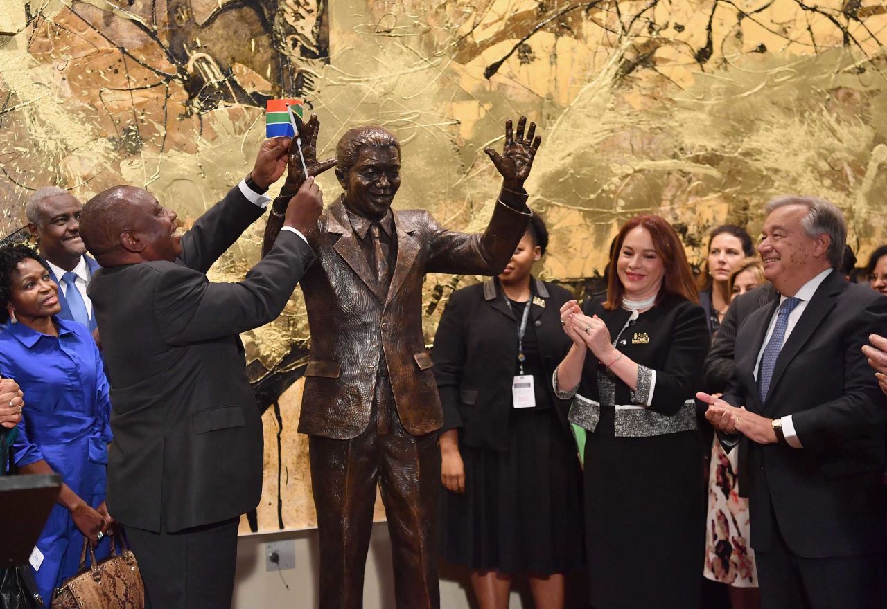 A statue of the late Nelson Mandela is unveiled at the United Nations on Monday. He would have been 100 this year.