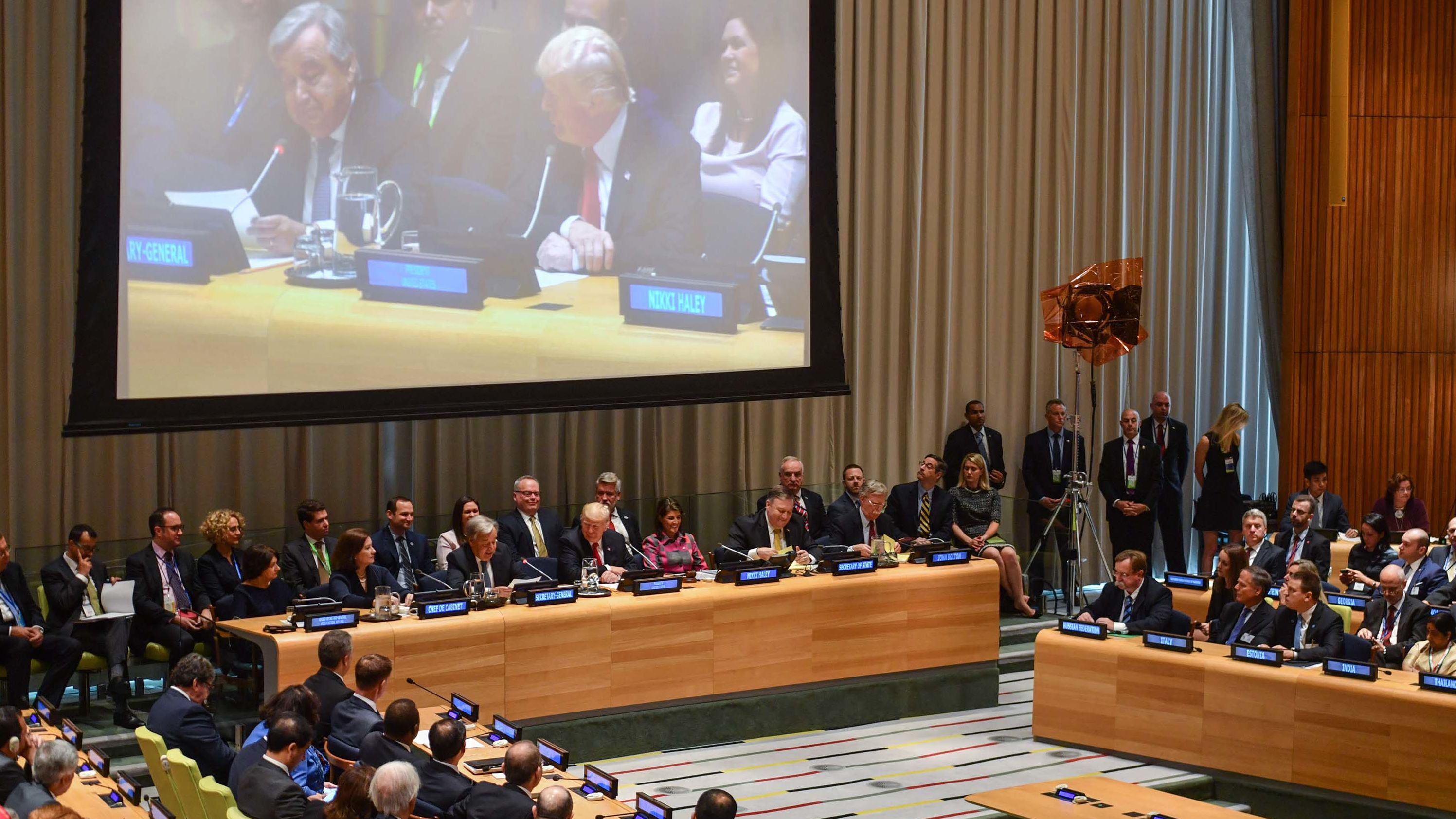 Guterres talks during the drug summit on Monday. "Some 450,000 people die every year from overdoses or drug-related health issues," he said.