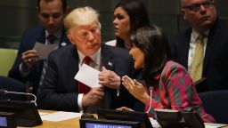 NEW YORK, NY - SEPTEMBER 24: President Donald Trump attends a meeting on the global drug problem at the United Nations (UN) with UN Ambassador Nikki Haley a day ahead of the official opening of the 73rd United Nations General Assembly on September 24, 2018 in New York City. The UN General Assembly, or UNGA, is expected to draw 84 heads of state and 44 heads of government in New York City for a week of speeches, talks and high level diplomacy concerning global issues. New York City is under tight security for the annual event with dozens of road closures and thousands of security officers patrolling city streets and waterways. (Photo by Spencer Platt/Getty Images)