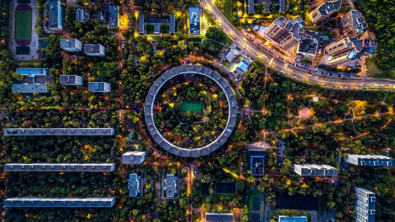 <strong>Moscow:</strong> This aerial views shows the unusually shaped building at 13 Nezhinskaya Street, a circular house in Moscow's Ochakovo-Matveyevskoye District. 