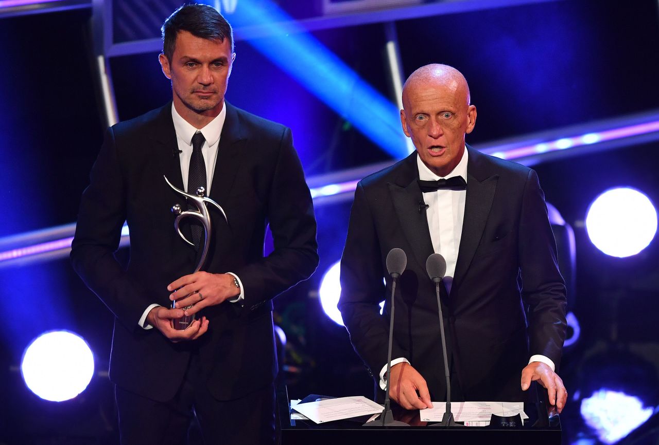 Former Italian referee Pierluigi Collina (R) and former Italy and AC Milan defender Paolo Maldini presented an award on the evening for fair play, which went to German player  Lennart Thy. 