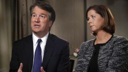Brett Kavanaugh, with his wife Ashley Estes Kavanaugh, answers questions during a FOX News interview, Monday, Sept. 24, 2018, in Washington, about allegations of sexual misconduct against the Supreme Court nominee. (AP Photo/Jacquelyn Martin)