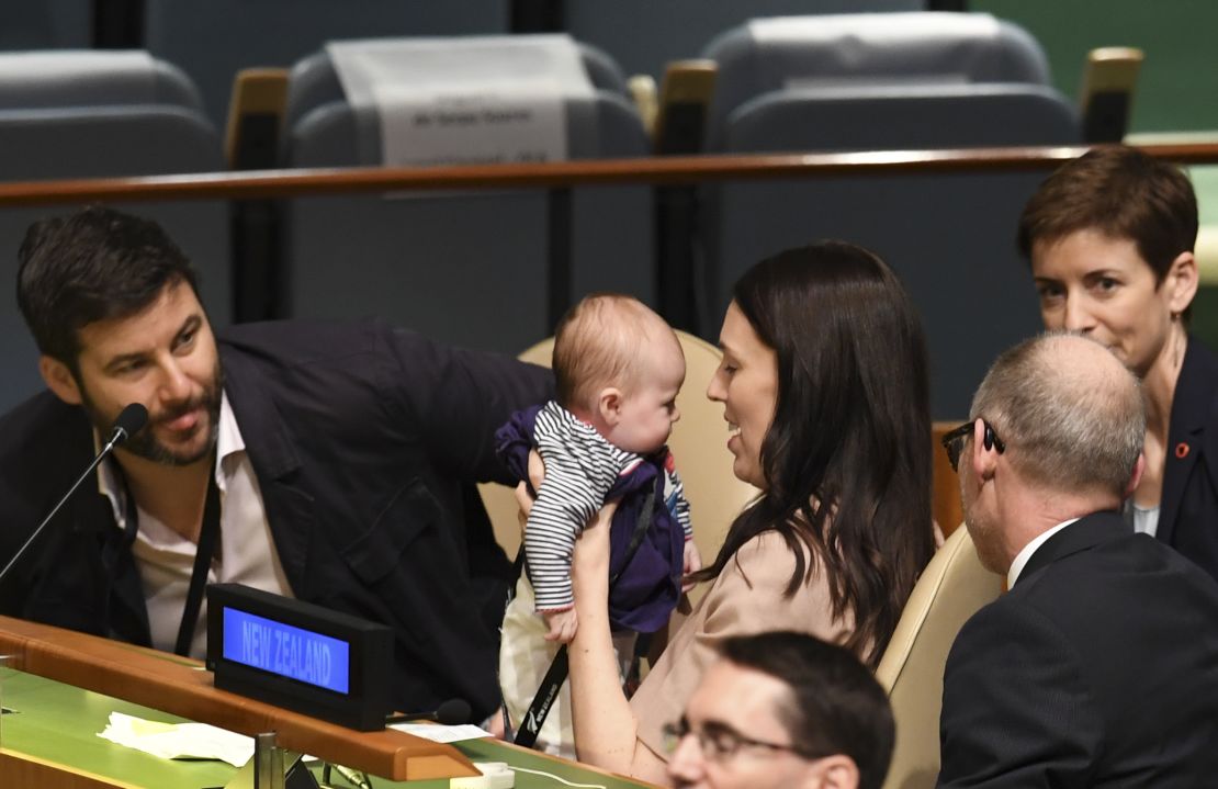 Jacinda Ardern holds her daughter Neve at the UN General Assembly.