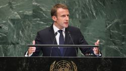 President of France Emmanuel Macron addresses the United Nations General Assembly on September 25, 2018 in New York City. 