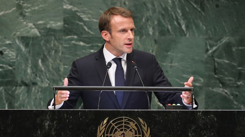 President of France Emmanuel Macron addresses the United Nations General Assembly on September 25, 2018 in New York City. 