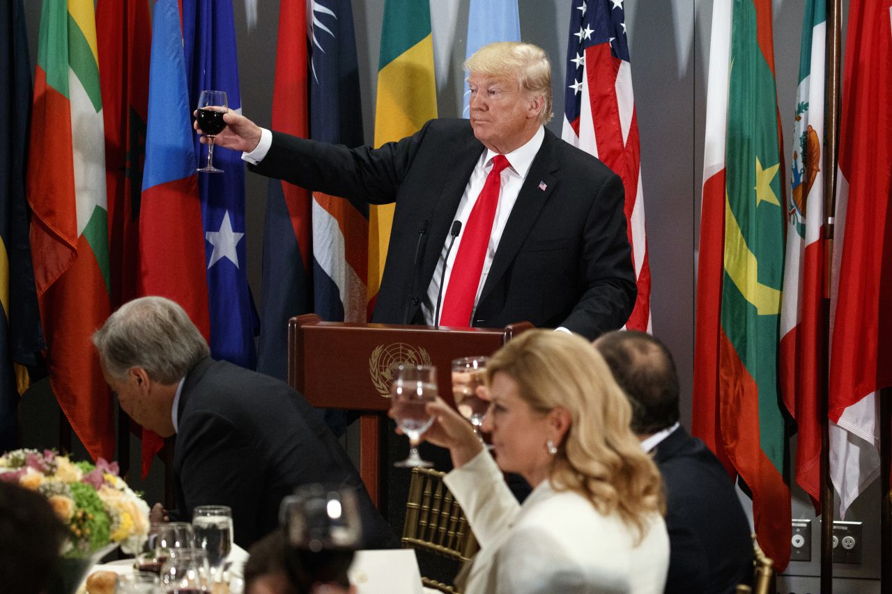 Trump delivers a toast during a working lunch hosted by United Nations Secretary-General Antonio Guterres on Tuesday.
