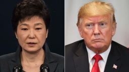 LEFT: South Korean President Park Geun-Hye speaks during an address to the nation, at the presidential Blue House on November 4, 2016 in Seoul, South Korea.

RIGHT: US President Donald Trump during a bilateral meeting with French President Emmanuel Macron (off frame) in New York on September 24, 2018, a day before the start of the General Debate of the 73rd session of the General Assembly. 