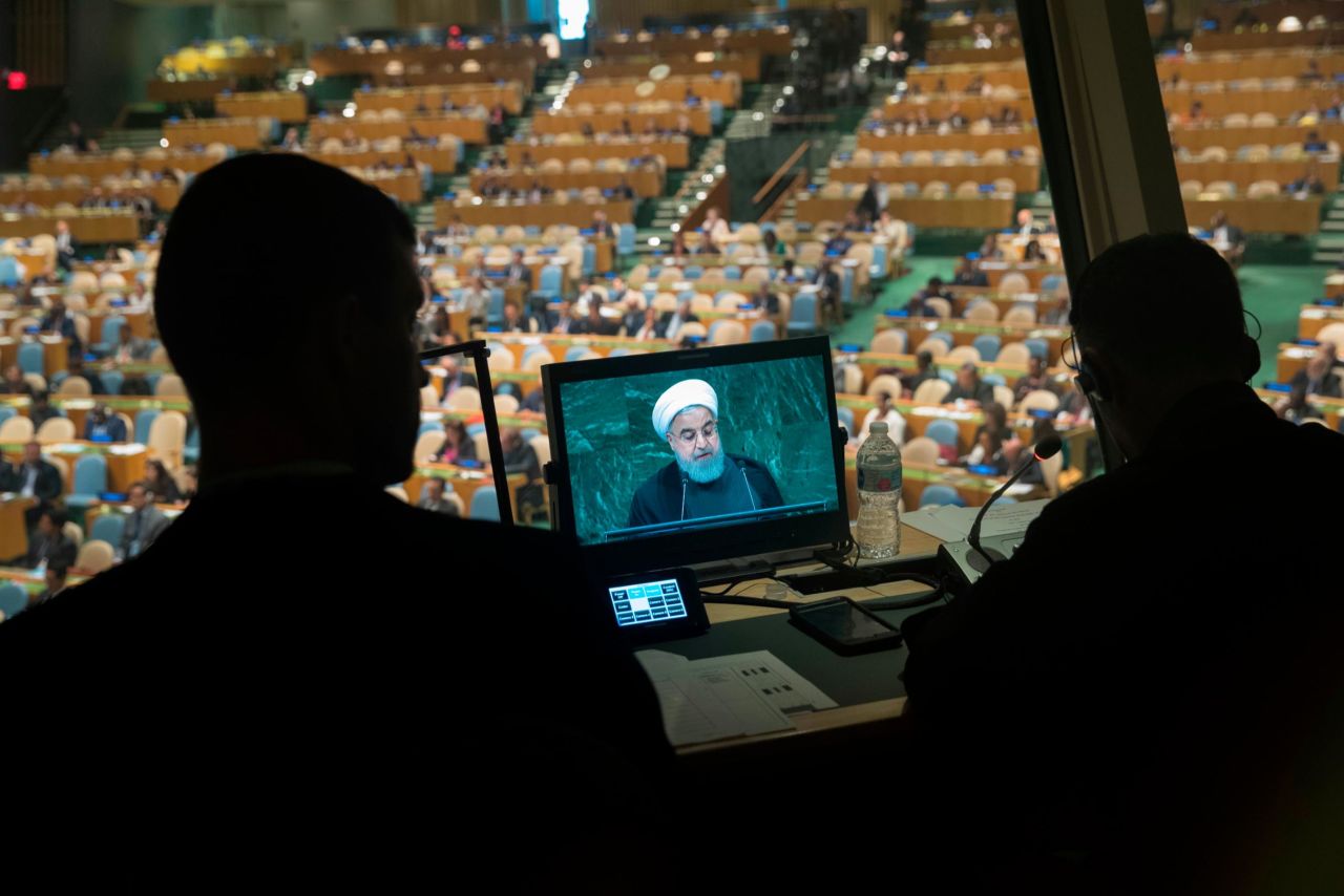 Iranian President Hassan Rouhani is seen on a translator's video screen as he addresses the General Assembly on Tuesday. During the Assembly, every nation gets a chance to speak.
