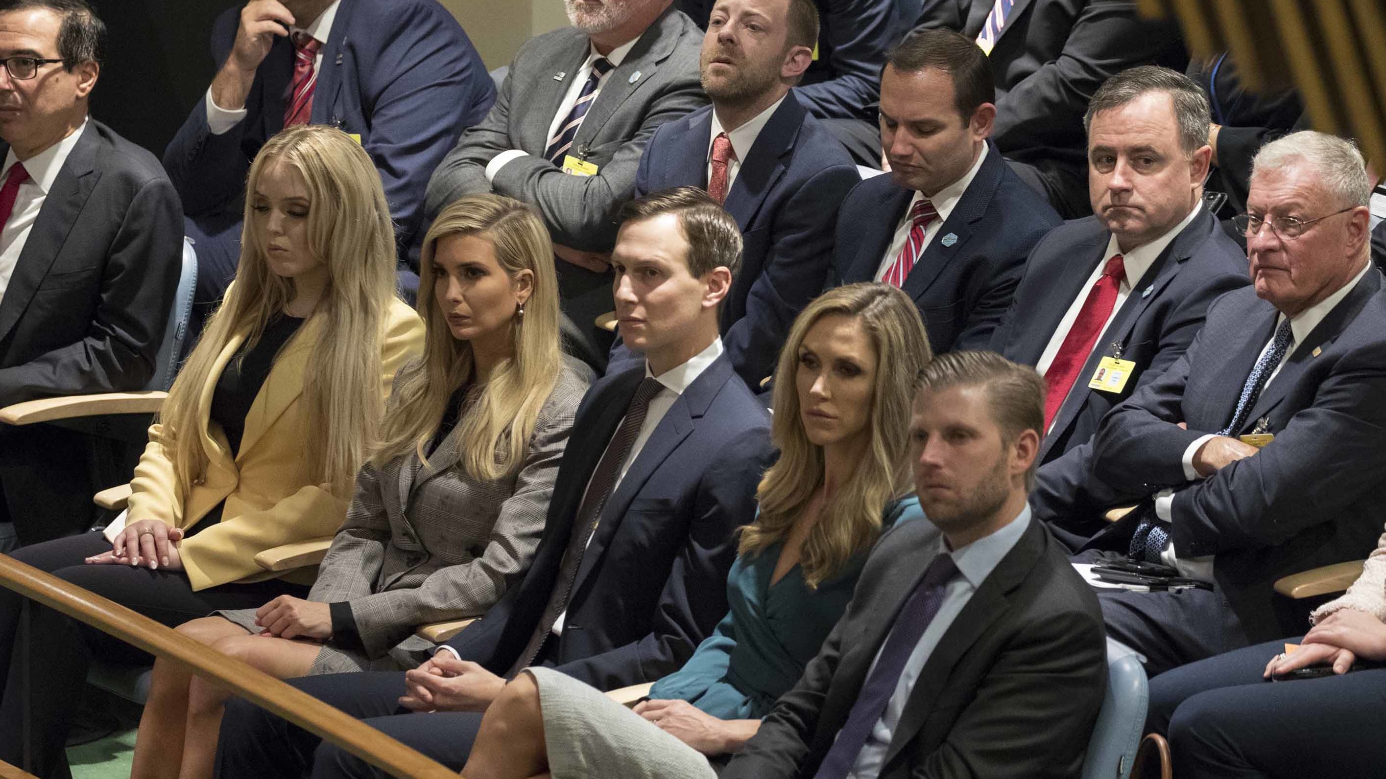 A few of Trump's children listen to his speech Tuesday. In the front row, from right, are son Eric, daughter-in-law Lara, son-in-law Jared Kushner, daughter Ivanka and daughter Tiffany.