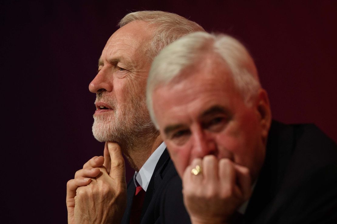 Jeremy Corbyn (L) sits with Shadow Chancellor John McDonnell following McDonnell's speech at the Labour party conference on Monday.