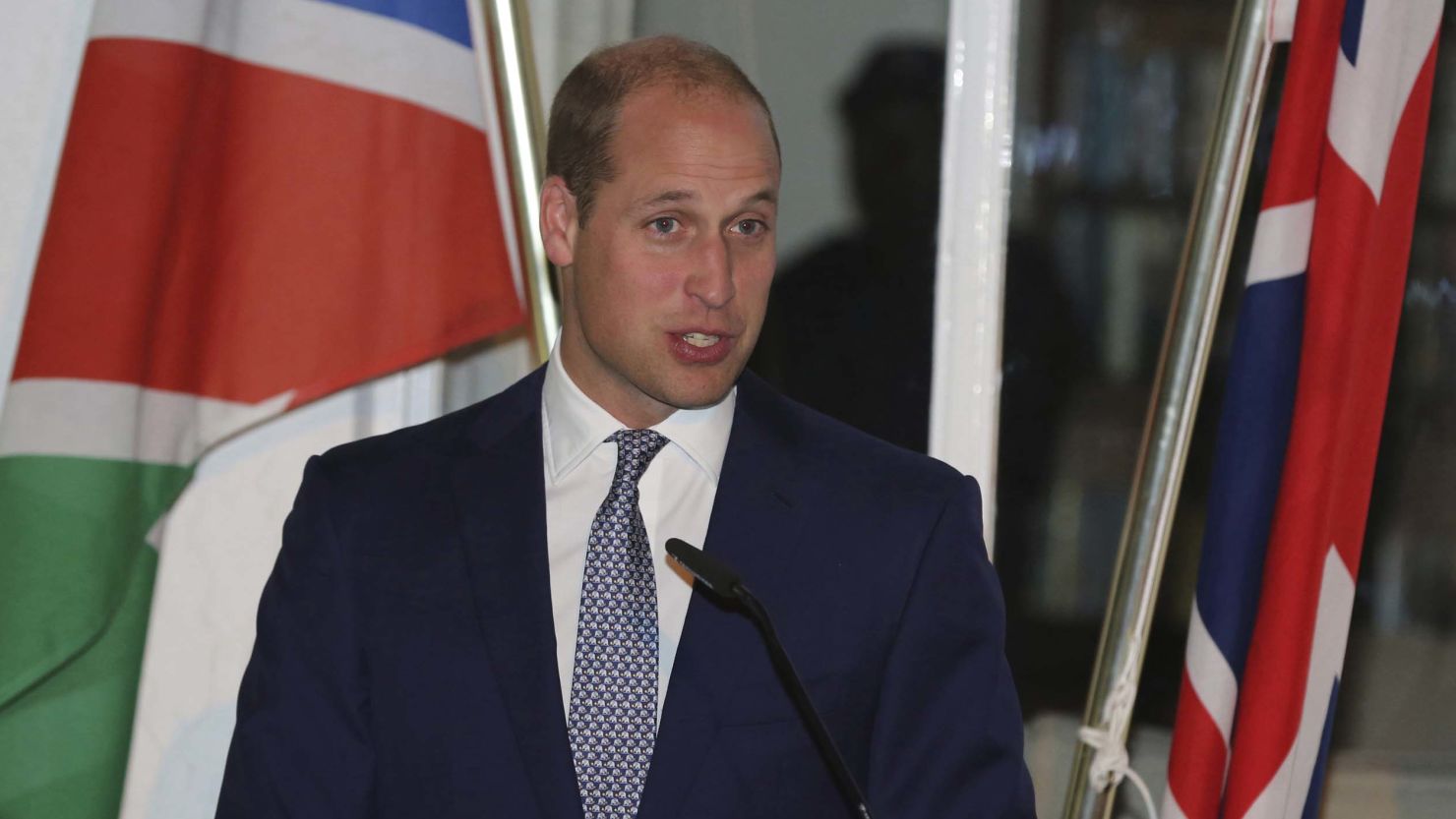 Britain's Prince William, addresses guests at the British High Commissioner residence in Windhoek, Namibia, Tuesday, Sept. 25, 2018. Prince William is in Africa this week to discuss threats to conservation ahead of a London conference on the illegal wildlife trade. (AP Photo/Dirk Heinrich)