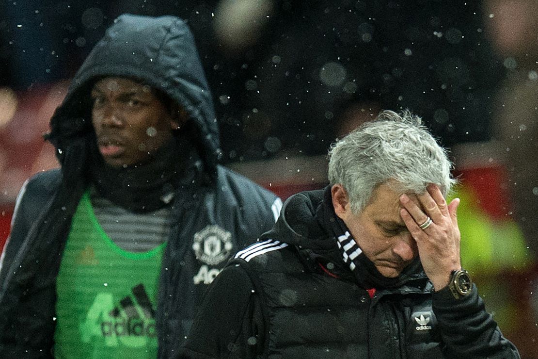 Mourinho midfielder Paul Pogba leave after the English FA Cup quarter-final football match between Manchester United and Brighton and Hove Albion at Old Trafford in March.