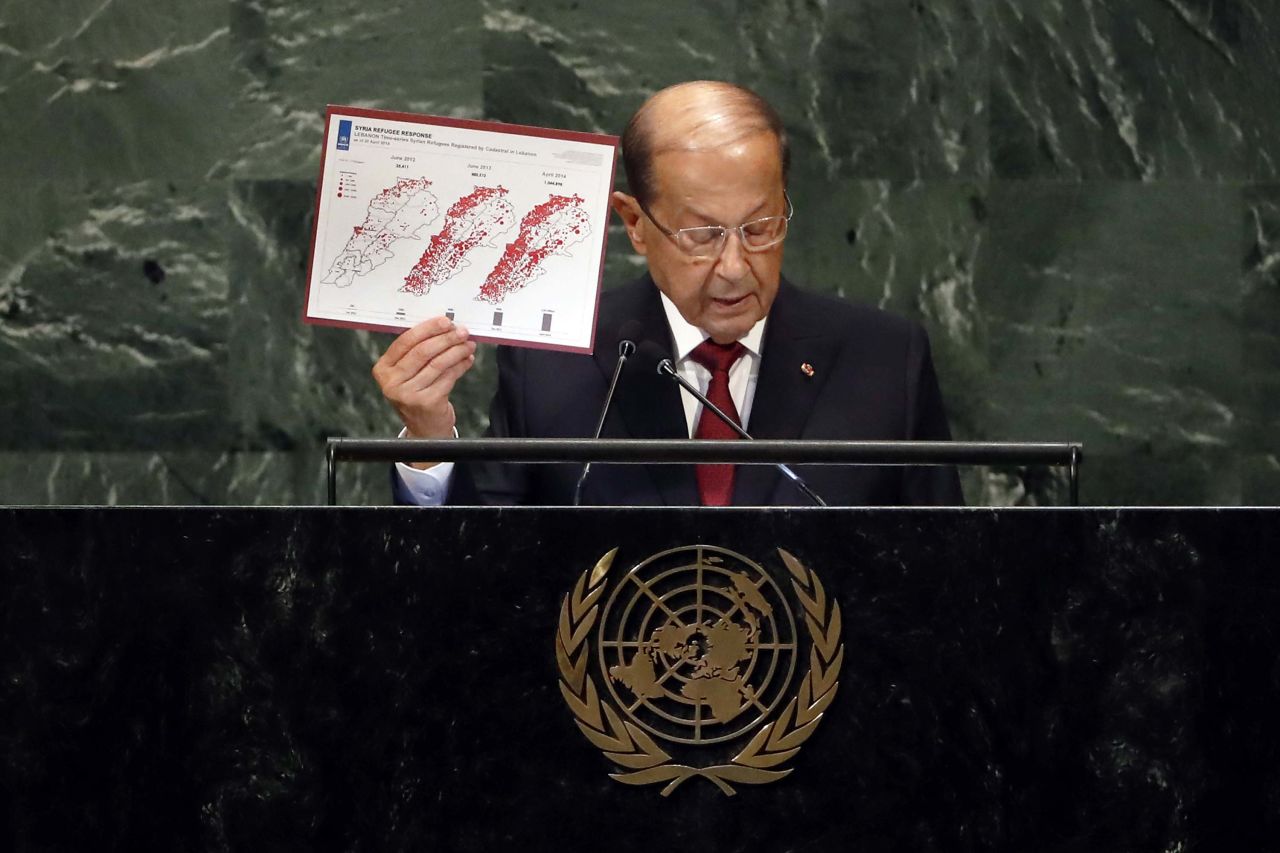 Lebanese President Michel Aoun talks about Syrian refugees as he addresses the General Assembly on Wednesday.