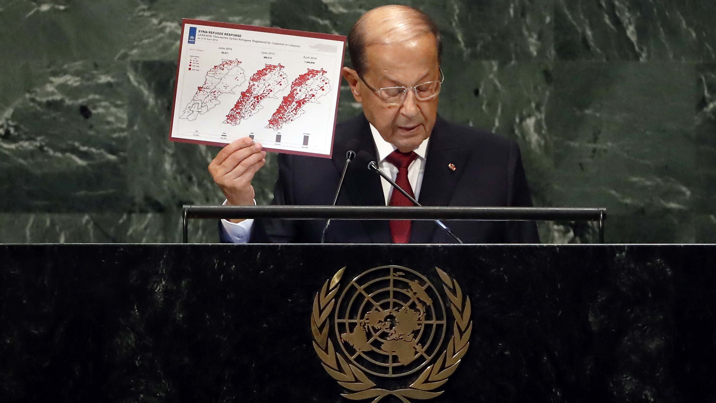 Lebanese President Michel Aoun talks about Syrian refugees as he addresses the General Assembly on Wednesday.