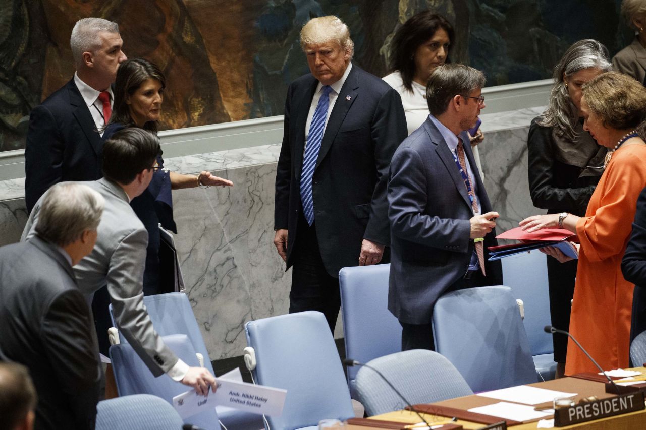 US President Donald Trump arrives to chair Wednesday's Security Council meeting.