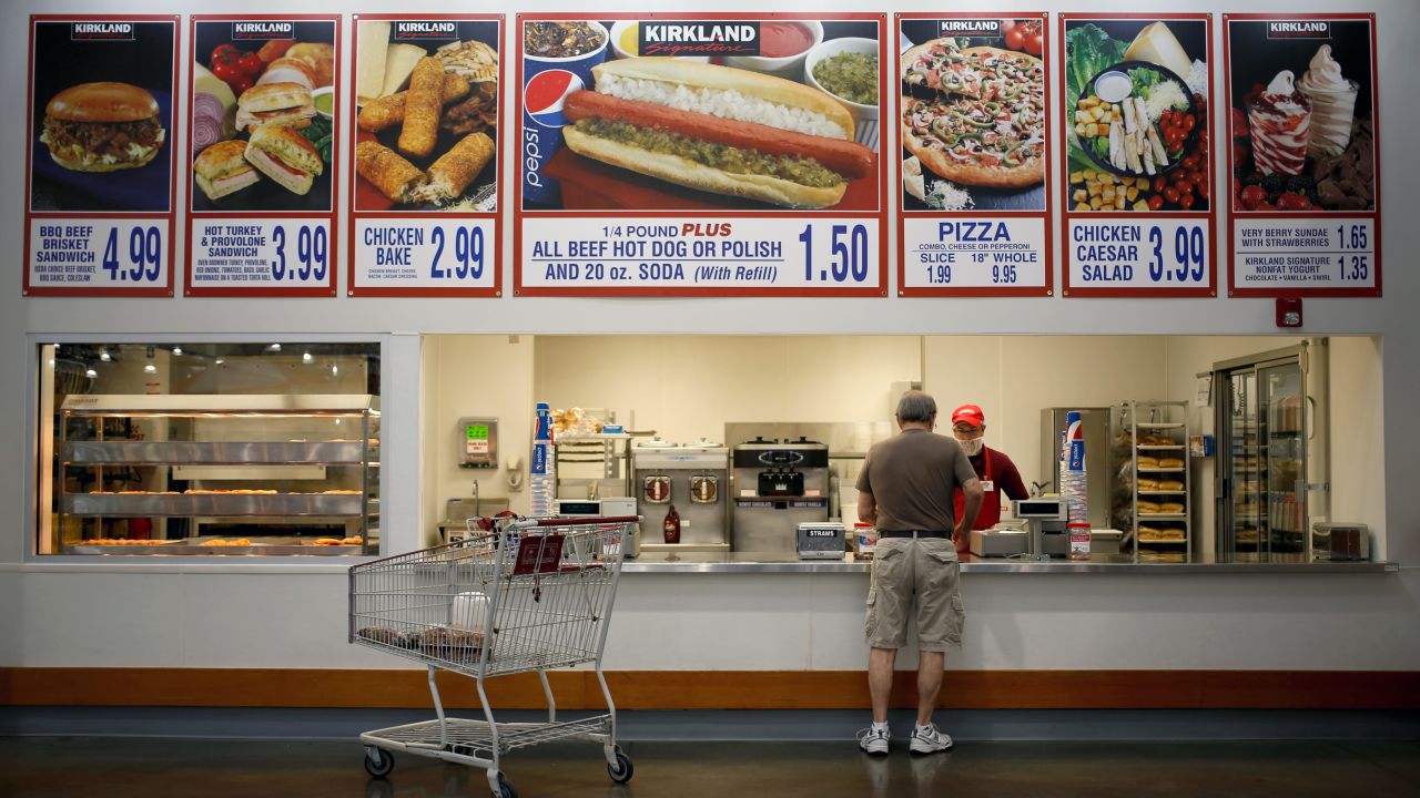 Costco's food courts offer a limited selection of top-selling items, such as hot dogs, pizza and rotiserrie chicken.