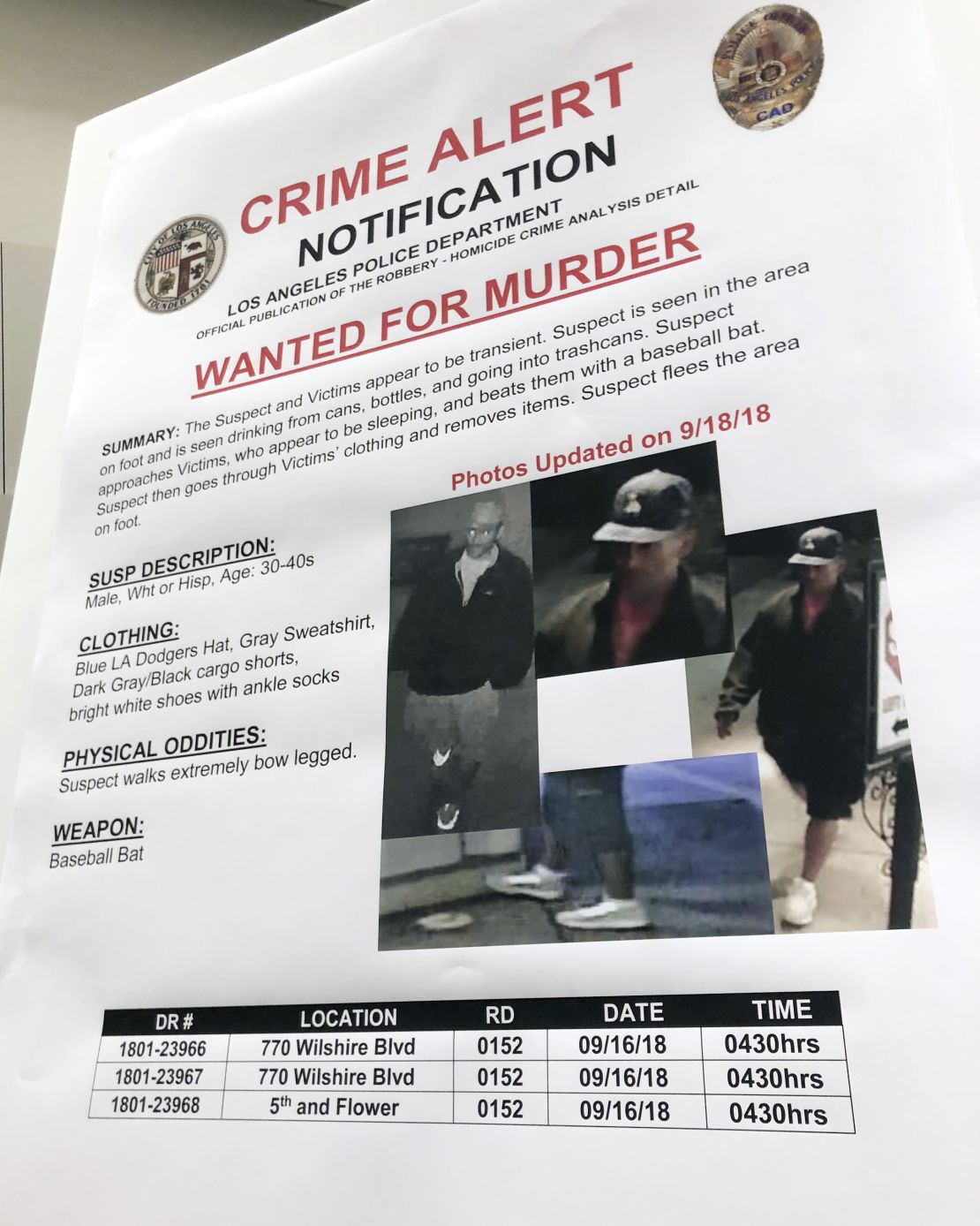 An LAPD wanted poster with surveillance photos of a person they were seeking over the series of attacks. 