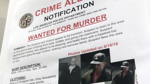 An LAPD wanted poster with surveillance photos of a person they were seeking over the series of attacks. 