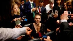 Actress Alyssa Milano talks to media before the Senate Judiciary Committee hearing on the nomination of Brett Kavanaugh to be an associate justice of the Supreme Court of the US in Washington, DC, on September 27, 2018. - Washington was bracing Thursday for a charged hearing pitting Donald Trump's Supreme Court pick Brett Kavanaugh against his accuser Christine Blasey Ford, who is set to detail sexual as
