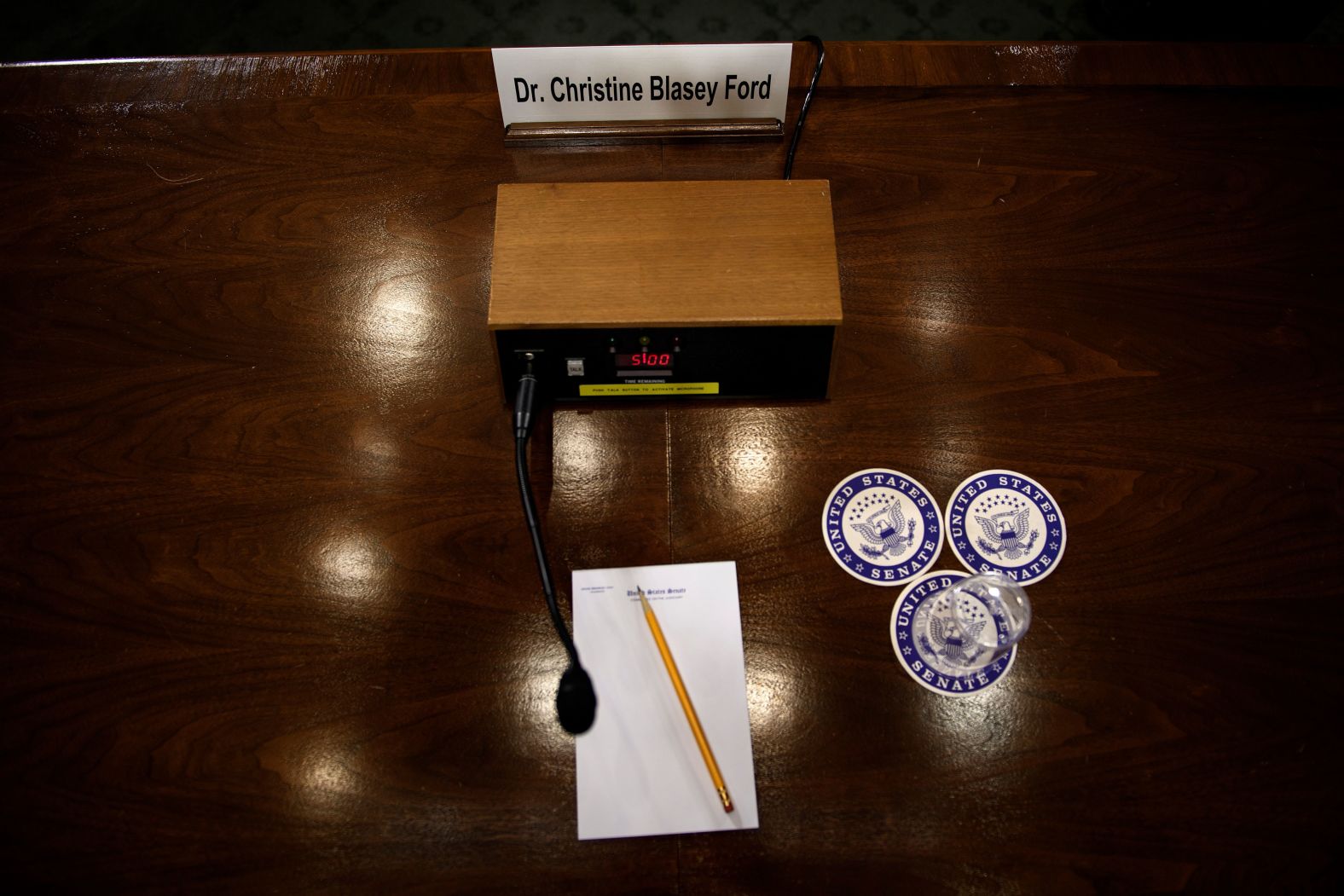 A desk is set up for Ford ahead of Thursday's proceedings.
