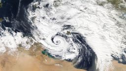 A hurricane-like storm in the Mediterranean Sea, known as a 'Medicane,' spins near the island of Sicily on November 7th, 2014. 