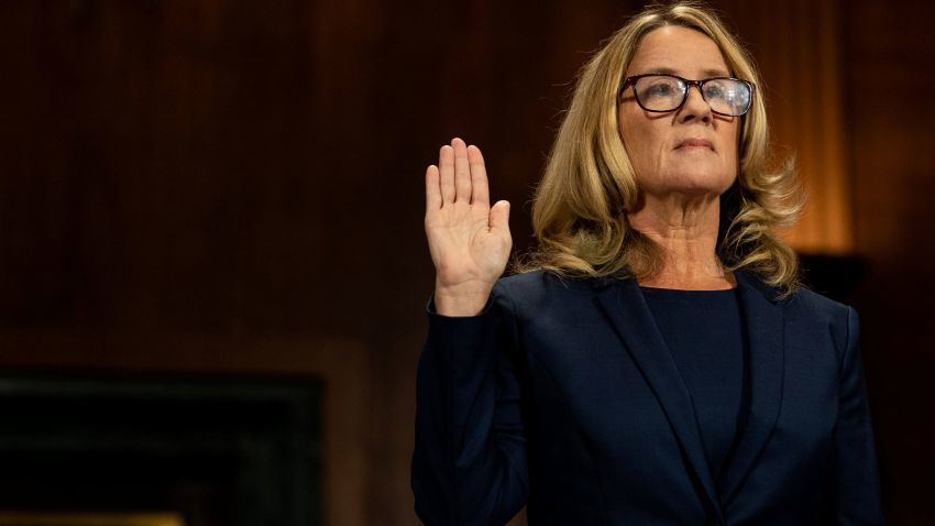 Christine Blasey Ford swears in at a Senate Judiciary Committee hearing for her to testify about sexual assault allegations against Supreme Court nominee Judge Brett M. Kavanaugh on Capitol Hill in Washington, U.S., September 27, 2018. Erin Schaff/Pool via REUTERS
