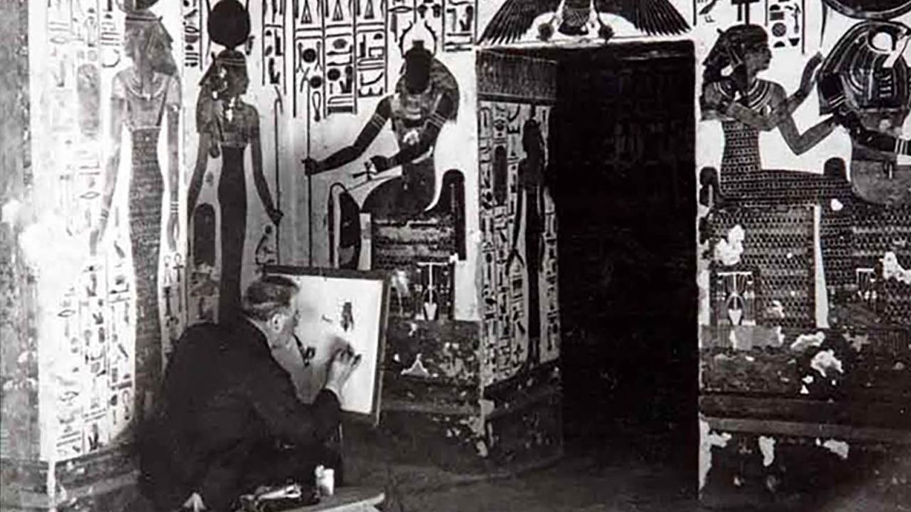 A member of Ernesto Schiaparelli's team at the tomb of Queen Nefertari in the Valley of the Queens.