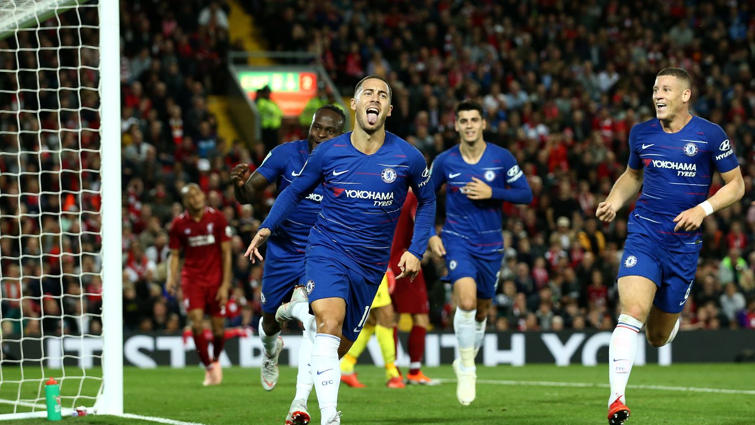 Chelsea's Eden Hazard celebrates after he scores his side's second goal during the Carabao Cup match against Liverpool.