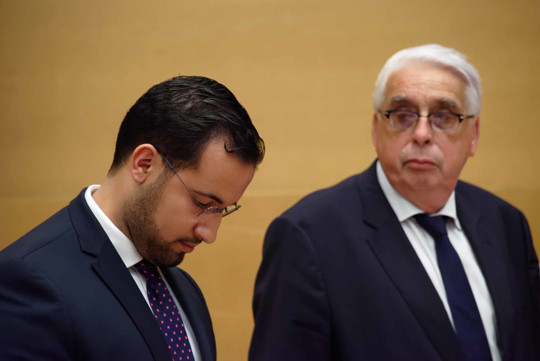 Benalla, left, appears before a Senate committee on September 19, 2018, in Paris.