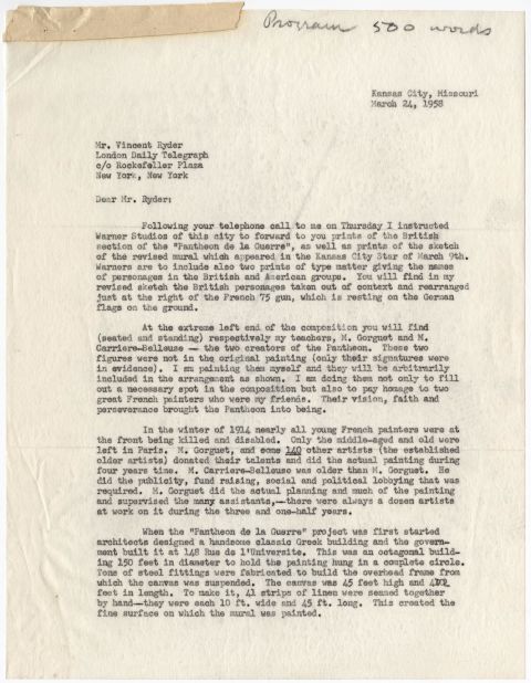 A letter addressed to the London Daily Telegraph written by Daniel MacMorris in 1958, just before unveiling the rearranged "Pantheon" in Kansas City. It details the story of the artwork up to that point.