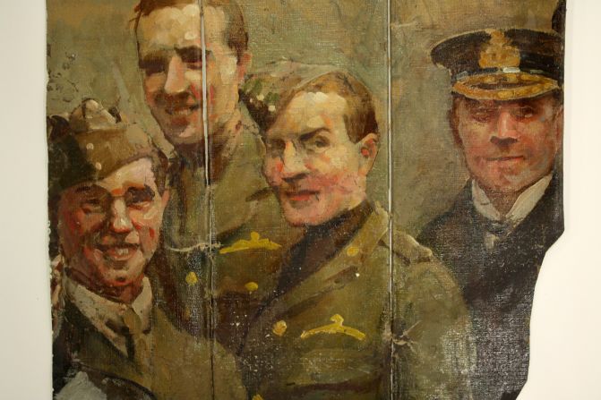 The original "Panthéon de la Guerre" was a cycloramic painting created by two French artists and exhibited in Paris until 1928. This fragment of the original canvas, which was 402 feet in circumference, shows two British air force officers.