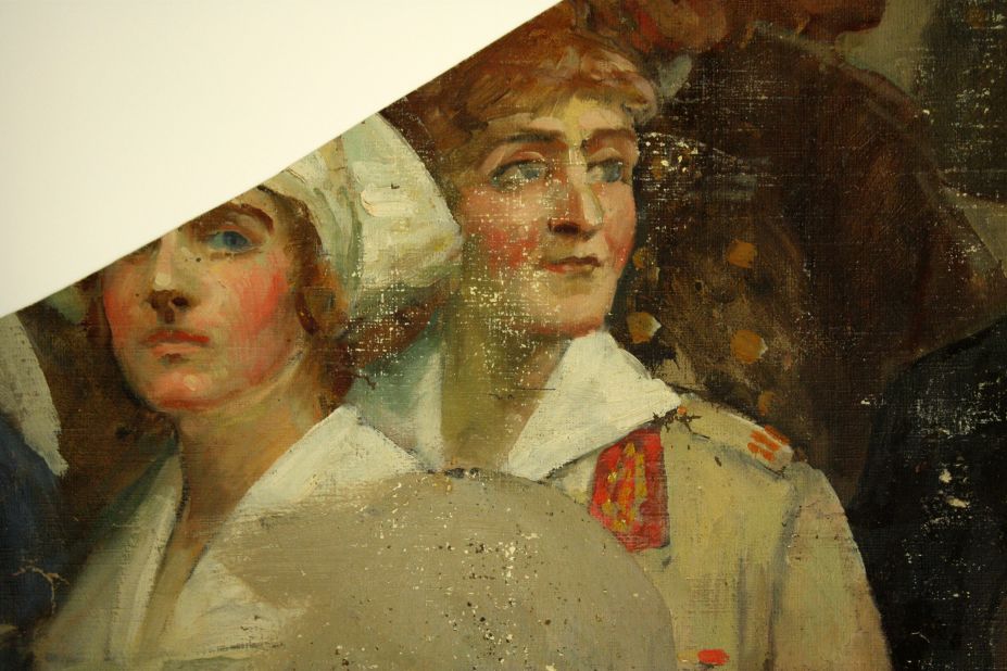 The painting was purchased in 1928 by American businessmen and transported to New York to be exhibited at Madison Square Garden, where it attracted one million visitors in eight weeks. This fragment shows British Red Cross nurses.