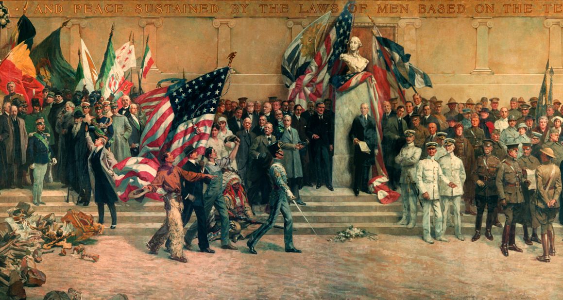 A section of The "Pantheon de la Guerre" as it looks today on the wall of the Memory Hall at the National WWI Museum and Memorial in Kansas City, Missouri. The painting, unveiled 100 years ago in Paris, has survived an unlikely journey that has seen it auctioned off, chopped up and forgotten.