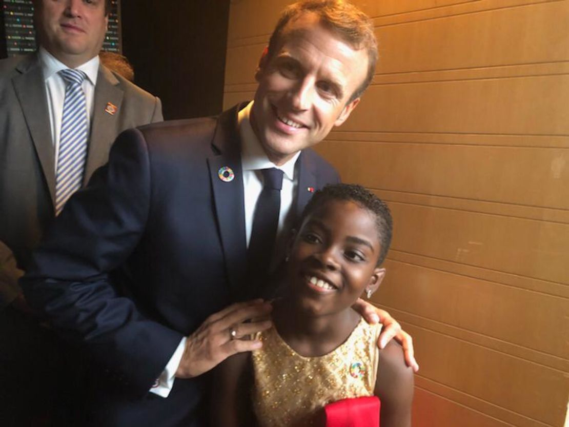 10-year-old DJ Switch backstage with French President Emmanuel Macron at the Goalkeepers 2018 event in New York.