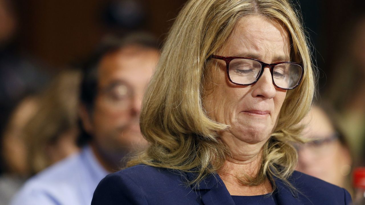 Christine Blasey Ford speaks before the Senate Judiciary Committee hearing on the nomination of Brett Kavanaugh to be an associate justice of the Supreme Court of the United States, on Capitol Hill in Washington, DC, on September 27, 2018. (Photo by MICHAEL REYNOLDS / POOL / AFP)        (Photo credit should read MICHAEL REYNOLDS/AFP/Getty Images)