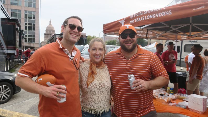 Former University of Texas fullback Todd Bondy (left) did not attend a tailgate until his college football career ended. As an alumnus, he passes through several tailgate parties before home games. 