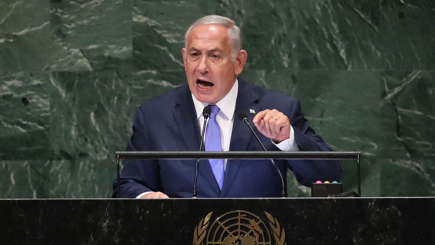 NEW YORK, NY - SEPTEMBER 27:  Prime Minister of Israel Benjamin Netanyahu addresses the United Nations General Assembly on September 27, 2018 in New York City. (Photo by John Moore/Getty Images)