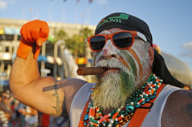 Roger Avila, a Miami Hurricanes fan, arrives in costume prior to the game against the Florida State Seminoles on November 15, 2014 at Sun Life Stadium in Miami Gardens, Florida.