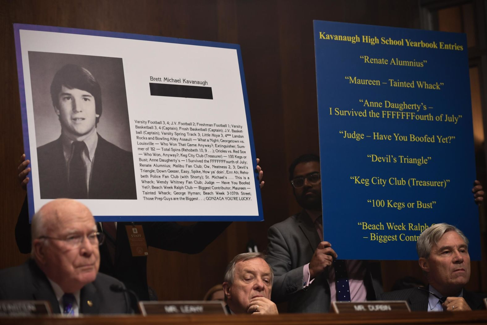 Extracts of Kavanaugh's high-school yearbook are displayed at the hearing.