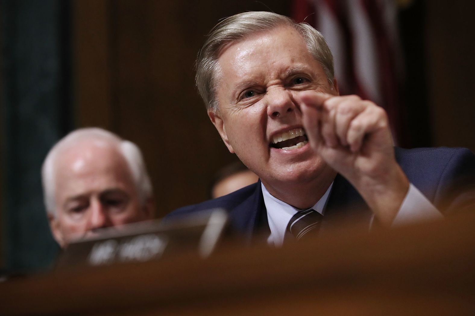 Sen. Lindsey Graham, a Republican from South Carolina, shouts at his Democratic colleagues during questioning. He called this "the most unethical sham since I've been in politics."