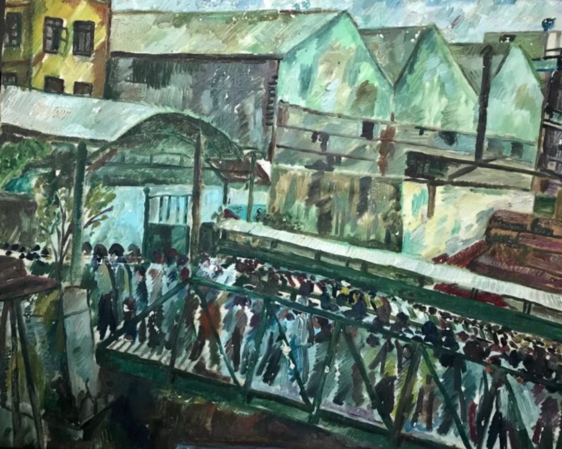 An oil painting by Yang Fudong depicting a Shanghai ferry pier in 1992.