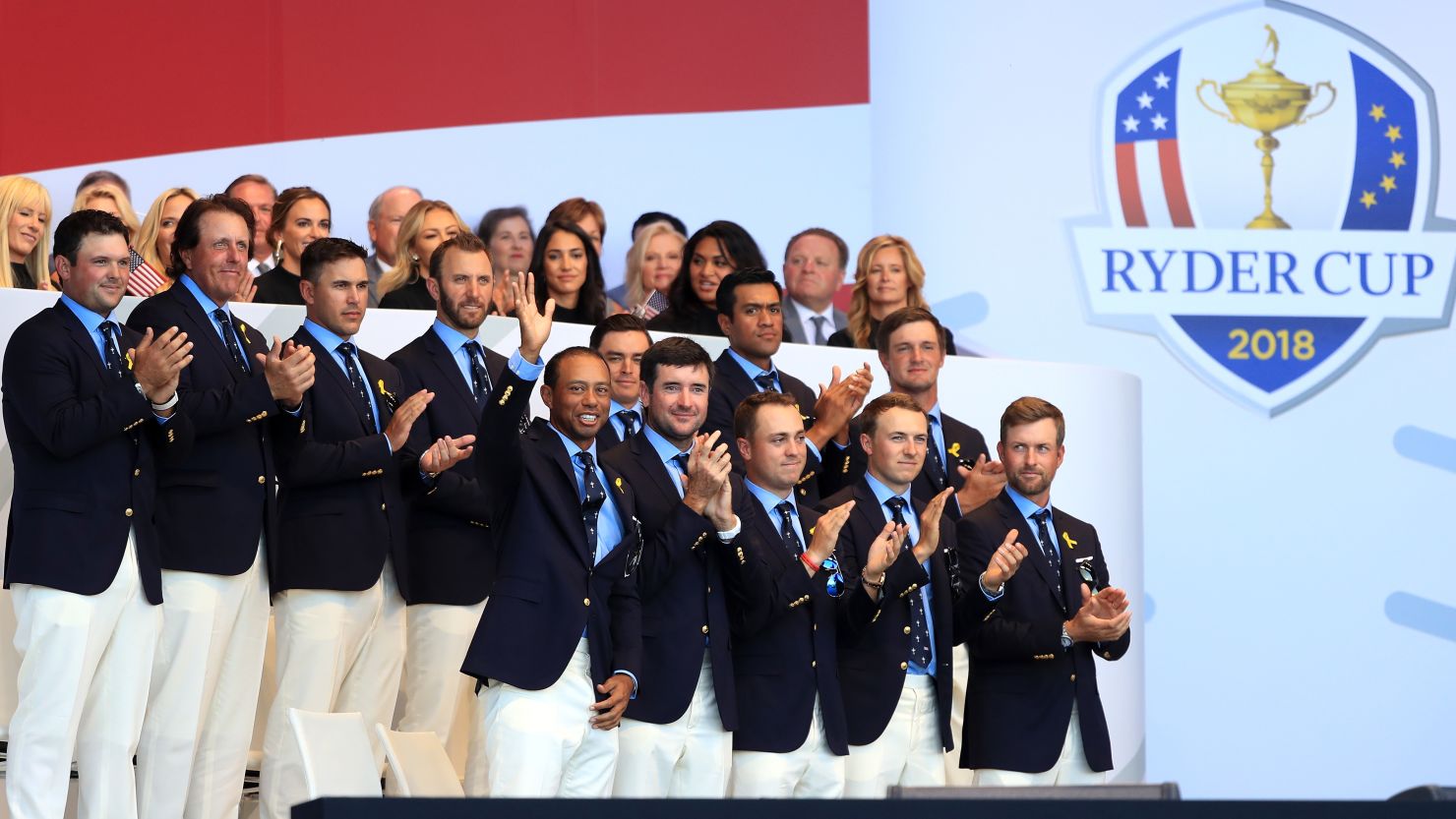Tiger Woods is introduced alongside the USA Ryder Cup team in Paris.