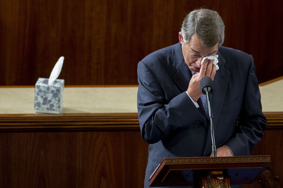 US House Speaker John Boehner wipes his eyes as he gives a farewell speech on October 29, 2015. 