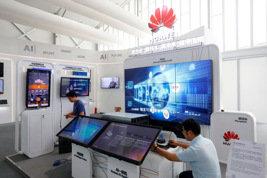 A Huawei stand at an artificial intelligence conference in Shanghai. The company is one of China's leading tech businesses, filing huge numbers of patents.