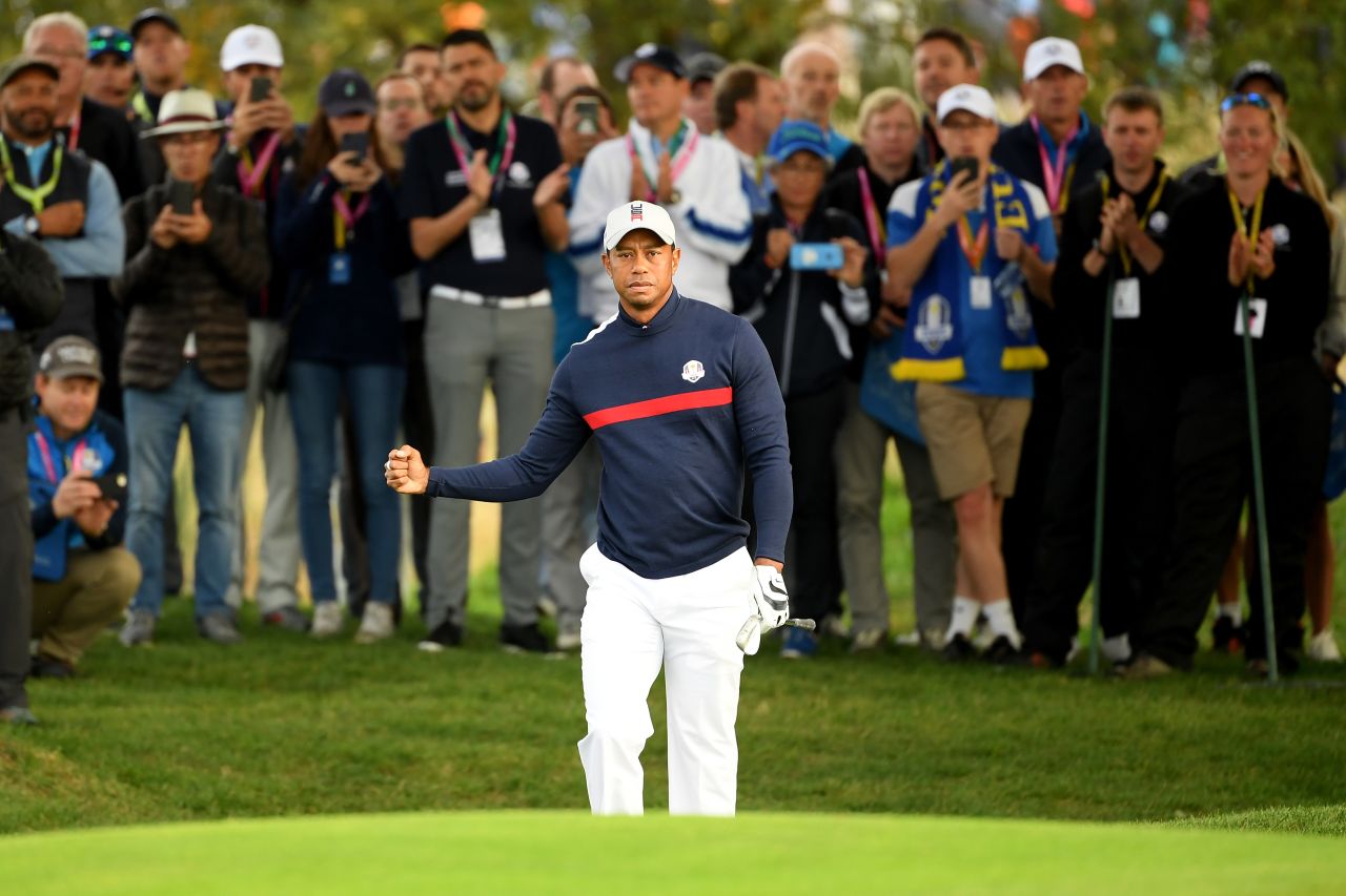 Woods is playing at the Ryder Cup for the first time since 2012. 