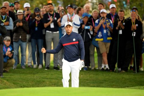 Woods is playing at the Ryder Cup for the first time since 2012. 