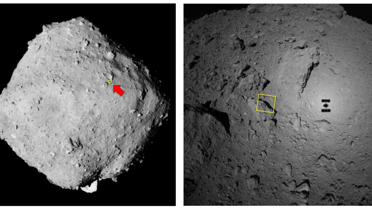 An annotated image released by the Japan Aerospace Exploration Agency (JAXA) showing the location of a high-res photo taken by Hayabusa on descent to the asteroid's surface.