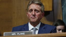 Sen. Jeff Flake after speaking during the Senate Judiciary Committee hearing about an investigation, Friday, Sept. 28, 2018 on Capitol Hill in Washington, DC.