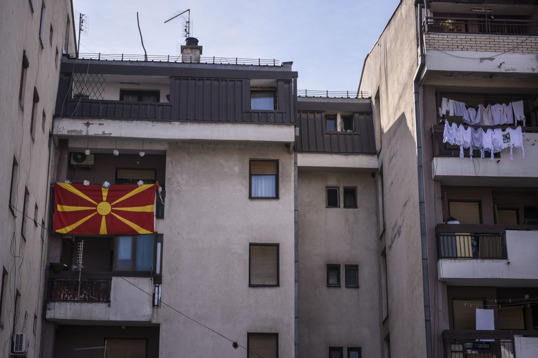 A Macedonian flag hangs from a Skopje balcony ahead of the referendum.